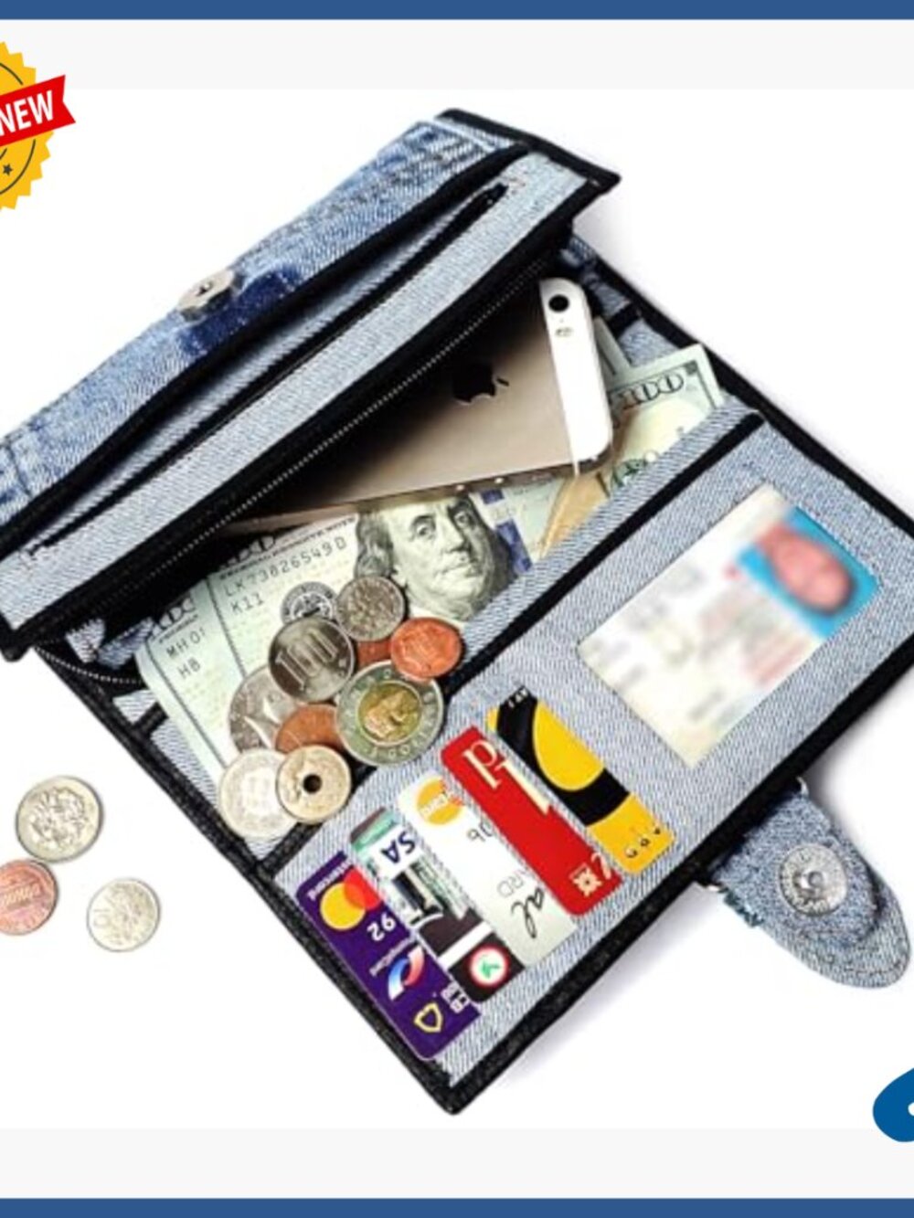 Denim Bifold Wallet with Snakeskin Accents Zipper Clutch Purse - Picture 4 of 7